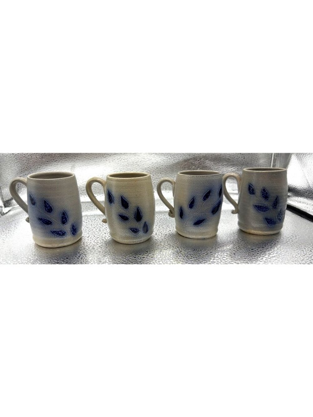 Vintage Set Of 4 Williamsburg Pottery Salt-Glazed Stoneware Mugs With Cobalt Blu